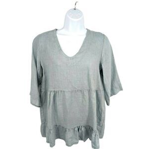 New Laura Bianchi Italy Light Blue Linen‎ Top Shirt Ruffle Blouse V-neck